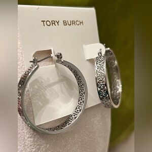 Tory Burch Intricate Silver tone Hoop Earrings